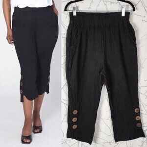 Shannon Passero Black Cotton Gauze Pull On Button Cuff Capri Pants